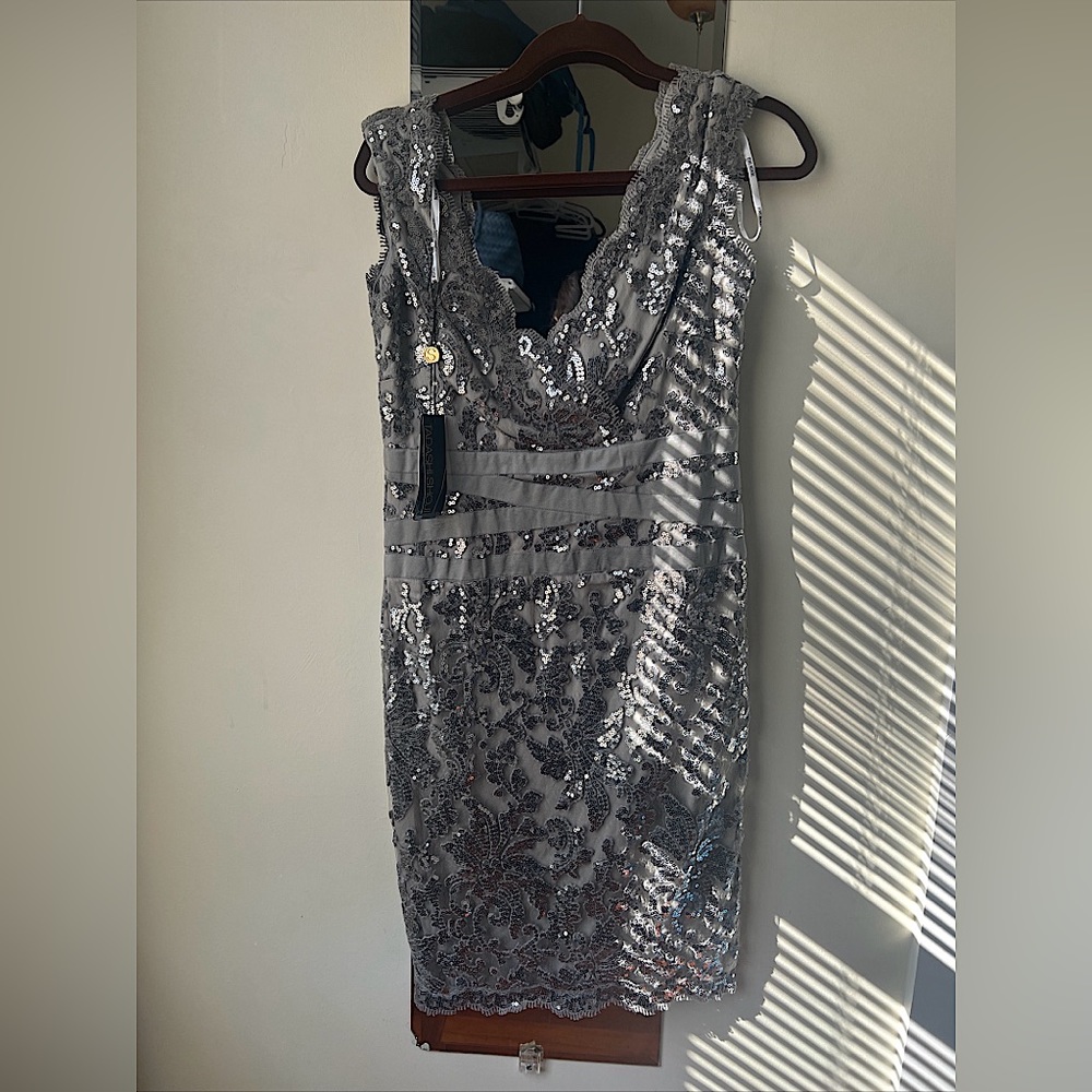 Tadashi Shoji Steel Silver Sequin Embroidered Dress Size 4